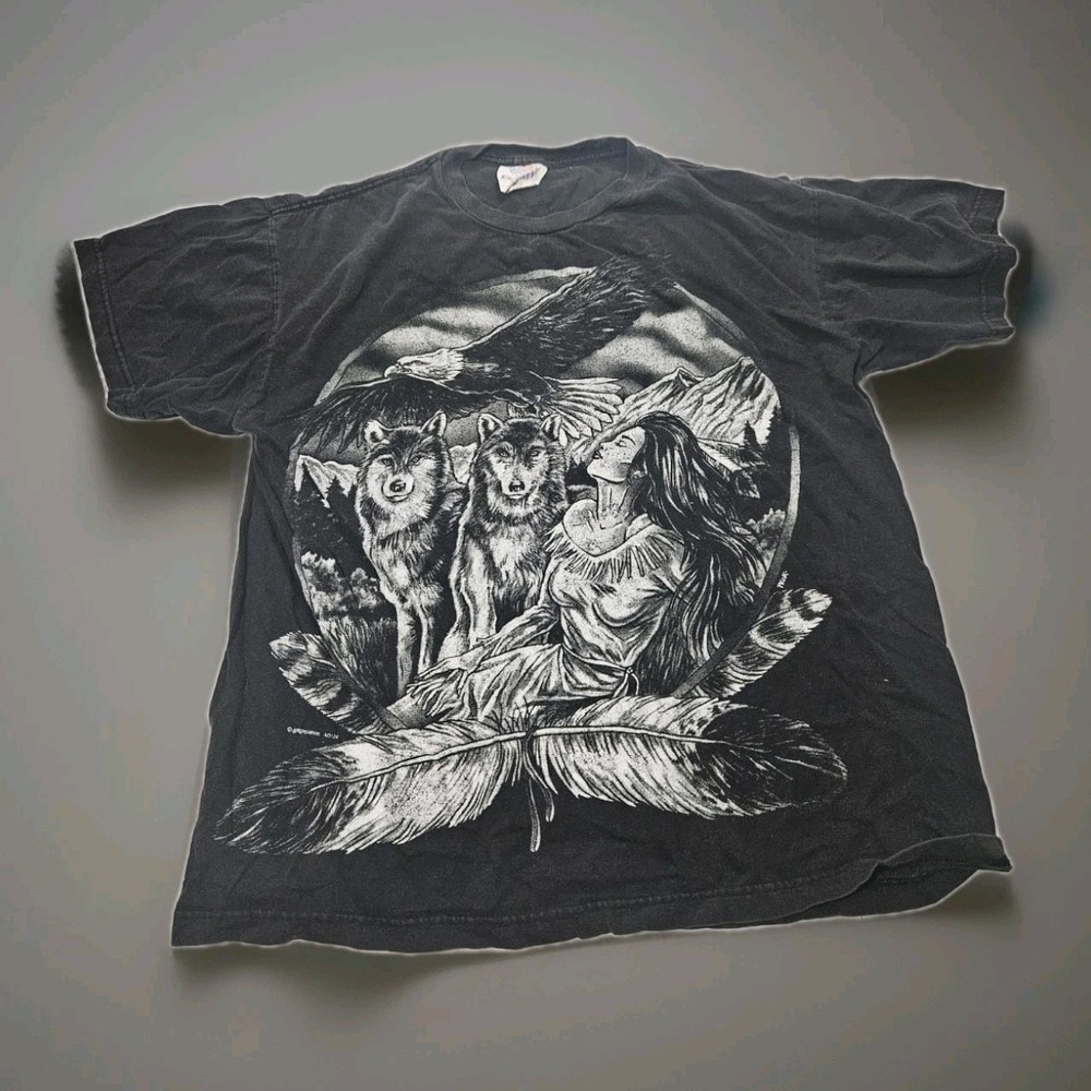 PCA Wolf Eagle Native American Indian Feathers Graphic Tee Shirt Size L